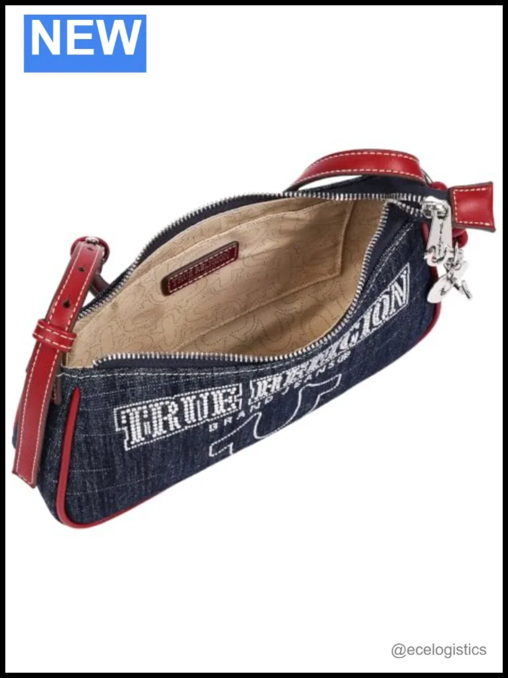 Denim-Blend Shoulder Bag with Rhinestone Logo, Adjustable Strap